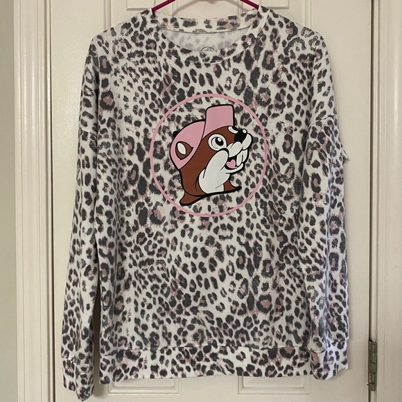BUCEES • Gray + Light Pink Leopard Cheetah Print Long Sleeve Fleece Top - Picture 2 of 5